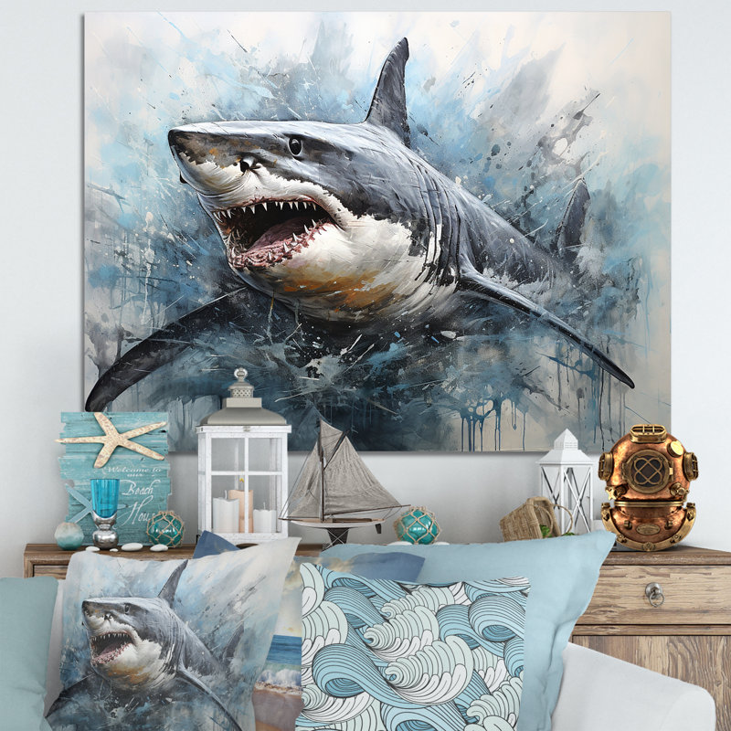 Minimalism Blue Shark Painting - Shark Wall Art, Wrapped Canvas, 16" H x 32" W x 1" D