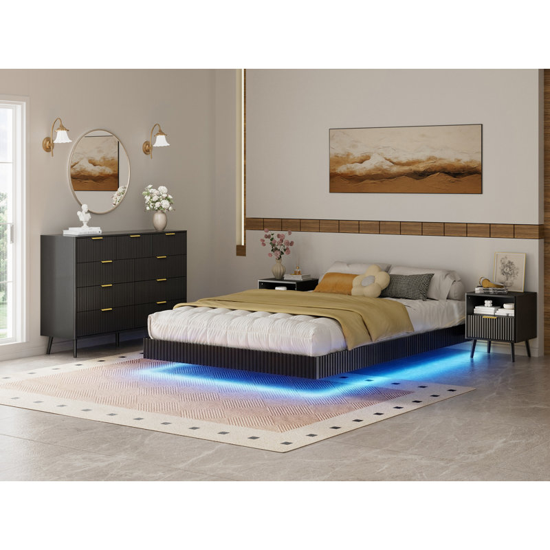 Ensemble de chambre à coucher 4 pièces, grand lit, commode et table de chevet, Black, Grand lit