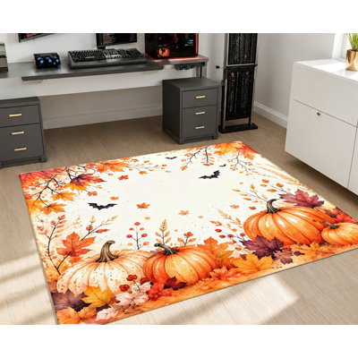 Tapis d'automne avec citrouilles, chauves-souris et feuilles d'érable, style aquarelle, surface en velours, antidérapant, décoration artistique pour salon, chambre, entrée, cuisine, balcon, appartement