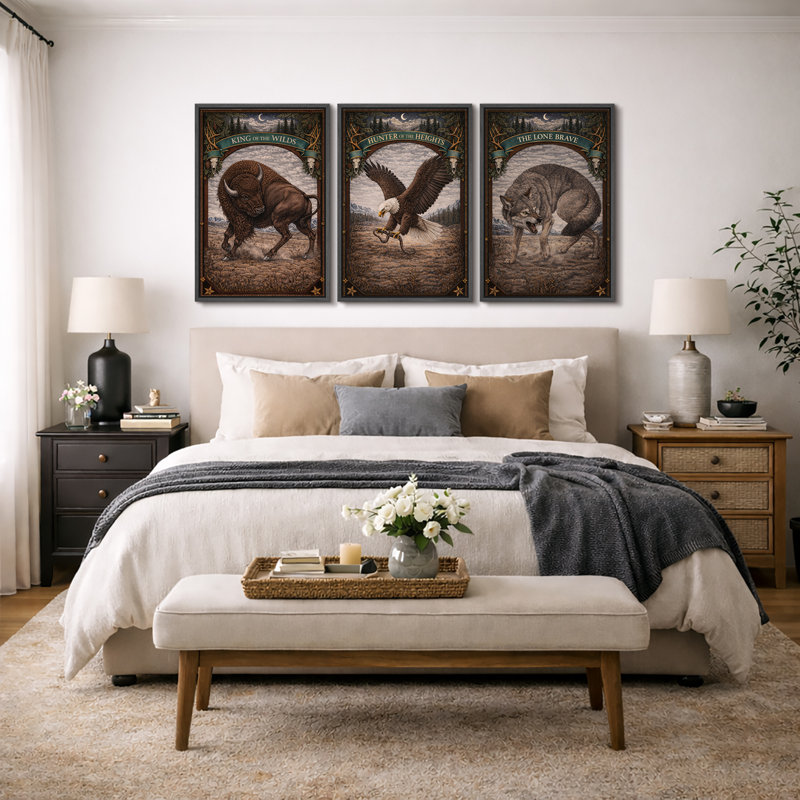«Rustic Wildlife Animal Kingdom», art de Buffalo, H 36 po x l 72 po, Structure noire, 3 pièces Bull, Eagle, Wolf