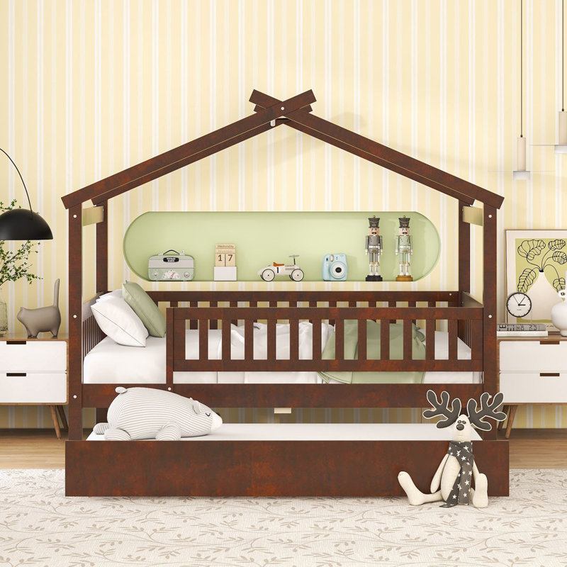 Zhayne Wooden House Bed with Trundle, Full, Walnut