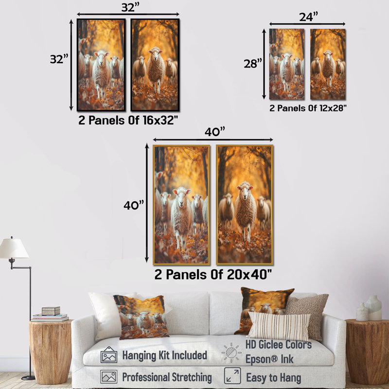 Autumn Wanderers Sheep Portrait I - animaux, art mural 2 panneaux, H 28 po x l 25 po, Toile tendue