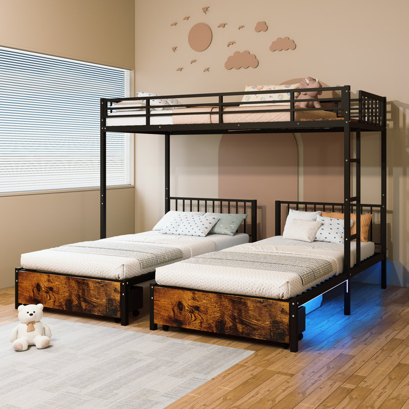 Triple Bunk Bed For Kids,3 Bed Bunk Beds For 3,Metal Triple Bunk Beds,Separates Into 3 Twin Beds,Noise Reduced Structure,BLACK