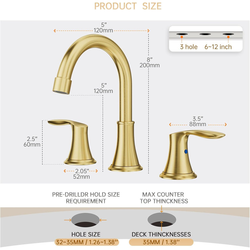 Brushed Gold Widespread 8 Inch 3 Holes Bathroom Faucet，2 Handles Modern Bathroom Sink Faucet With Metal Pop-Up Drain
