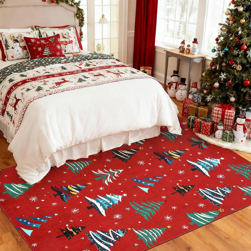 Runner Rug, Washable Rug for Home Decor, Indoor Non Slip Carpet, Soft Low Pile Christmas Rugs with Xmas Tree Motif for Kitchen, Entryway, Living Room, Bedroom