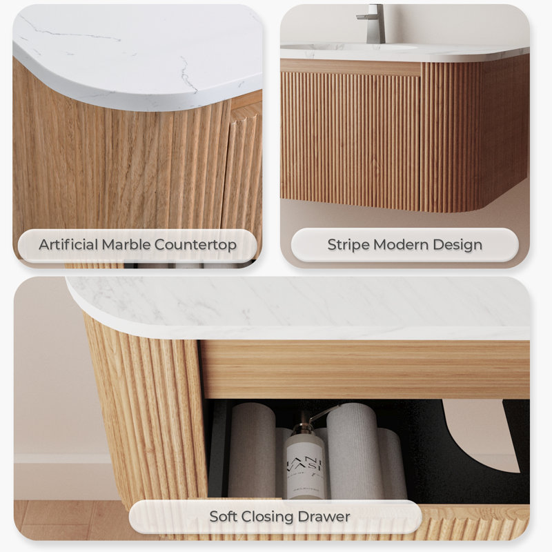 Meuble-lavabo flottant simple 36 po en bois naturel avec lavabo en céramique, armoire rayée avec plateau en marbre artificiel de Carrare et tiroir à fermeture en douceur, pré-assemblé
