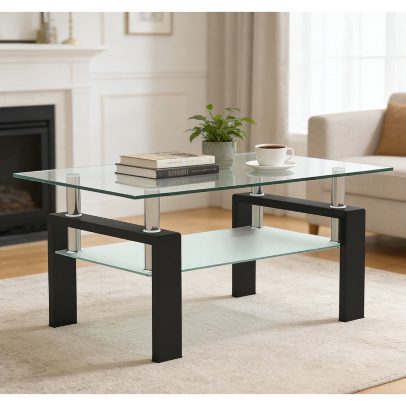Rectangle Glass Coffee Table, Clear Coffee Table, Modern Side Center Tables For Living Room, Living Room Furniture, White