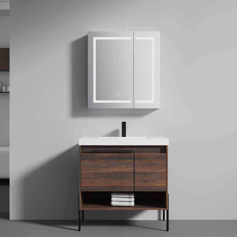 Meuble-lavabo simple avec plateau en acrylique 35,81 po Ancilin, Walnut