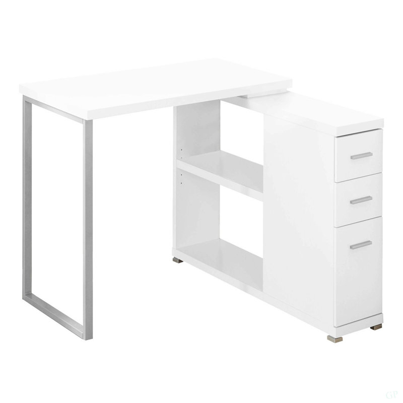 Bureau d'ordinateur, bureau personnel, coin, gauche, configuration à droite, tiroirs de rangement, forme en L, travail, ordinateur portable, stratifié blanc, métal gris, contemporain, moderne