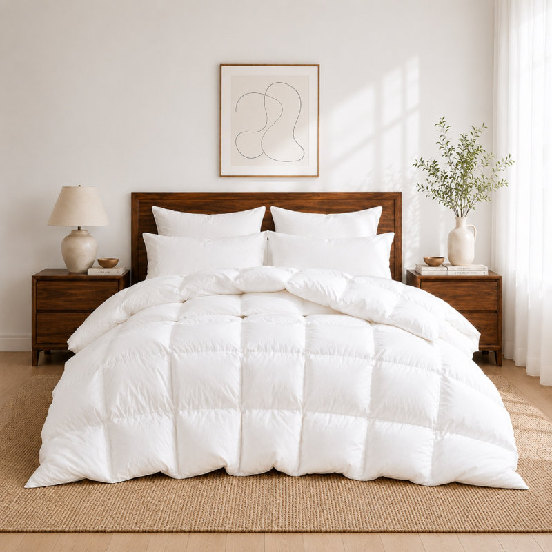 Édredon toutes saisons en plumes blanches et fibres de duvet avec housse en polyester, White, King