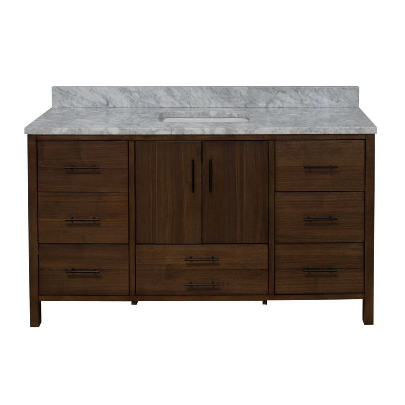 Kiara 60'' Single Bathroom Vanity with Top, Walnut Veneer, Carrara Marble