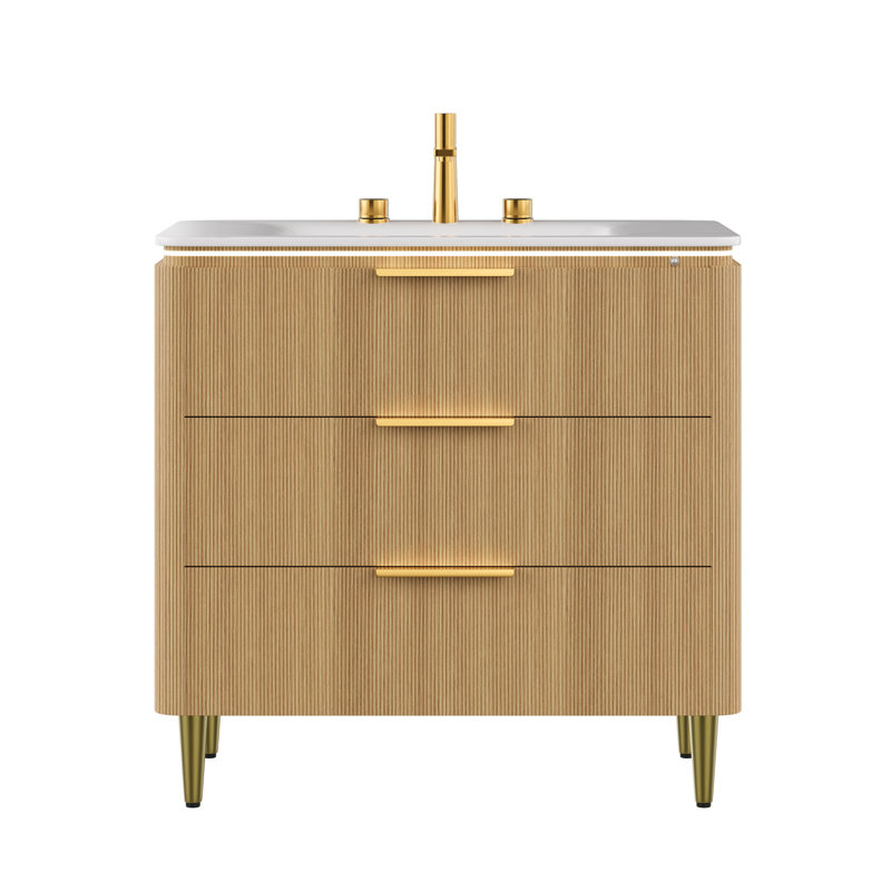 Meuble-lavabo moderne élégant en blanc de Carrare avec rangement, chêne clair