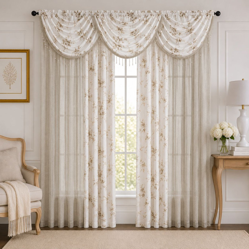  Ensemble de 7 panneaux de rideaux à motif floral avec passe-tringle 7 pièces Carly, Taupe