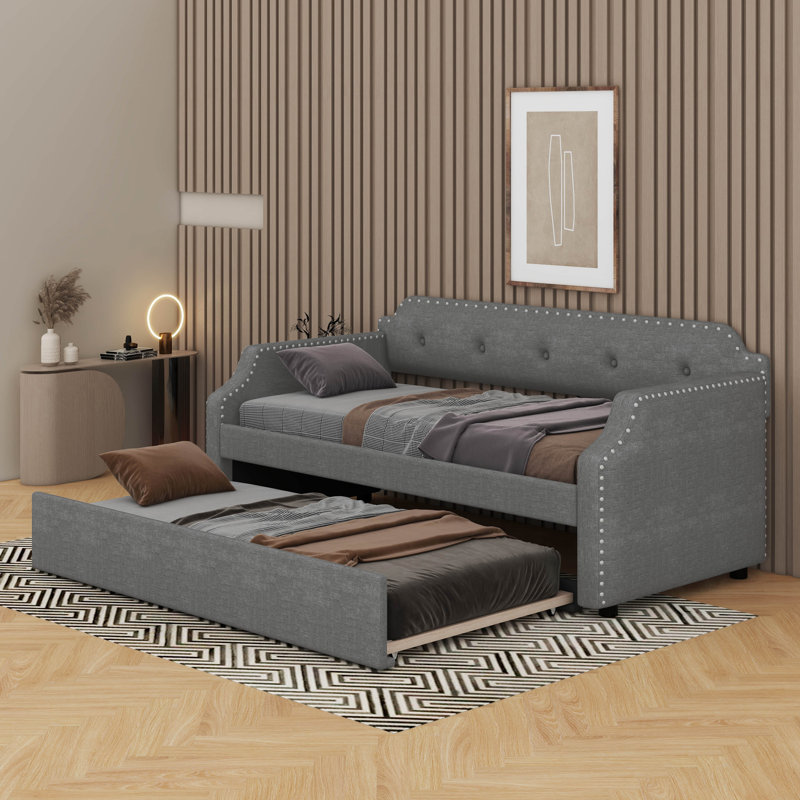 Twin Size Upholstered Daybed With Trundle, Gray