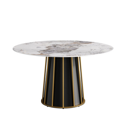 52.74" Modern Round Sintered Stone Dining Table For 6 - Iron Base, Stable And , Stain Heat Treatment White Panel To Scratches Stains, High Temperature Tolerant