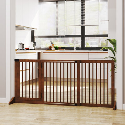 Adjustable Wooden Pet Gate From - Freestanding Security Fence. 3 Panels, Lock, Barrier. Brown. 44.5"-65.8" L X 14.39" H. For Defense Fence For Canines. Panels With Barrier & Lockable Door. Terraces