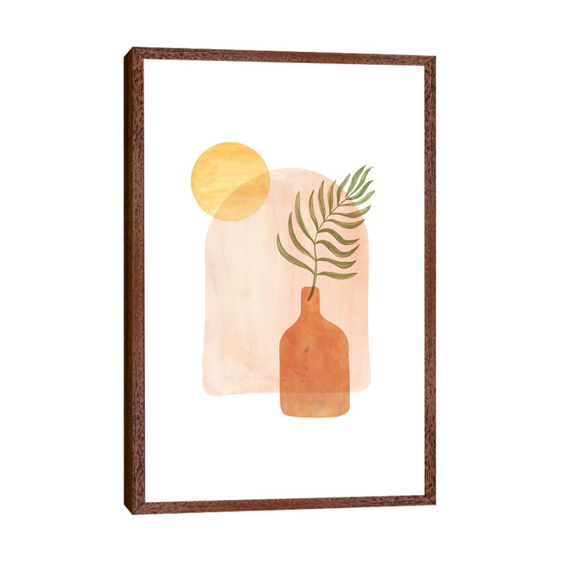 Boho Vase And Palm Leaf - Painting on Canvas, 101.6cm H x 66.04cm W x 3.81cm D, Classic Brown Wood Framed