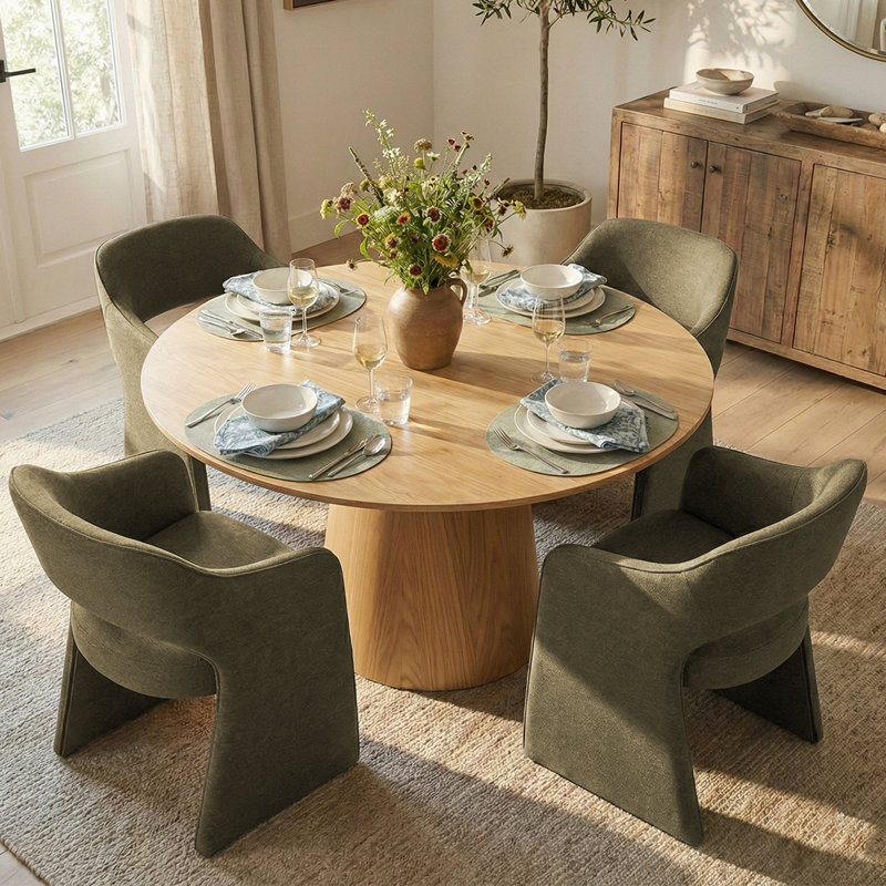 4 - Person Dining Table Sets With Round Table & 4 Upholstered Fabric Chairs, Olive Green