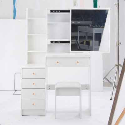 37" Middle Size Left Bedside Cabinet Vanity Table + Cushioned Stool, Extra Large Right Sliding Mirror, Multi Layer High Capacity Storage, Practical Fashionable Dresser, Suitable For Large Space
