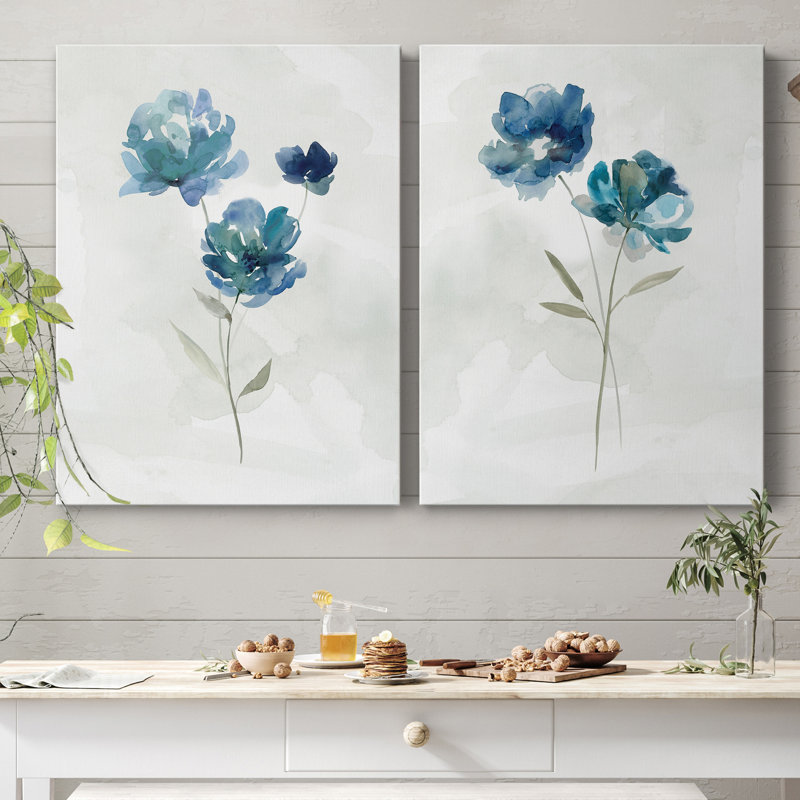 «Blue Botanical I», ensemble de 2 reproductions d'art, H 32 po x l 48 po x P 1 po, Toile tendue, Pas de tapis
