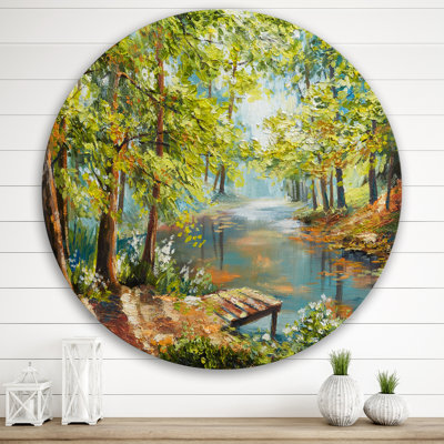 Forêt d'automne avec rivière méandreuse - Lake House, cercle métallique, art mural