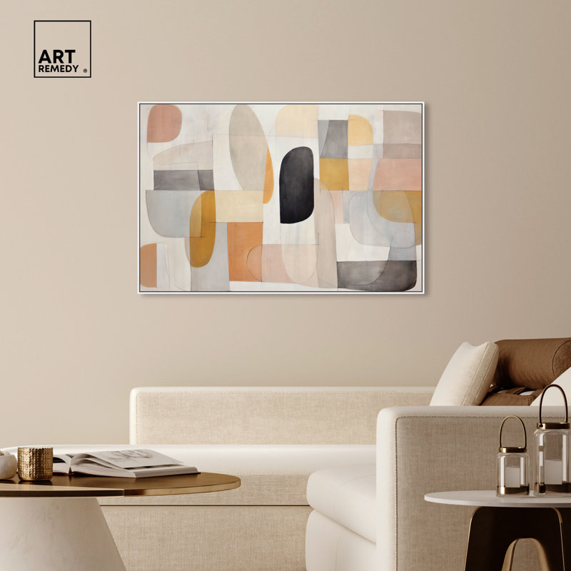 Eleanada Beige and White Abstract Canvas Wall Art with White Floater Frame