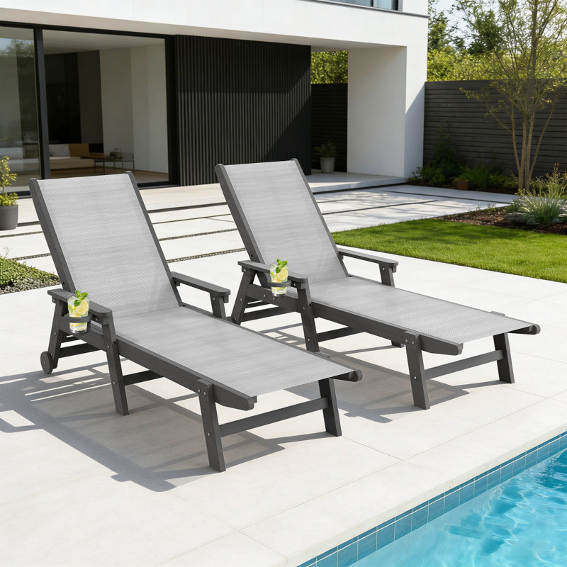 HDPE & PVC-coated polyester Outdoor Chaise Loungers with Arms, 5-Position Adjustable Backrest, Wheeled, Hidden Cup Holders, Set of 2