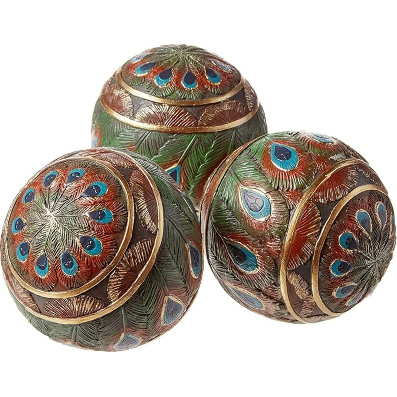 Peacock Feathered Orbs Decorative Accent Balls, Set Of Three, Polyresin, Full Color, 8 Cm, Blue, Green, And Gold
