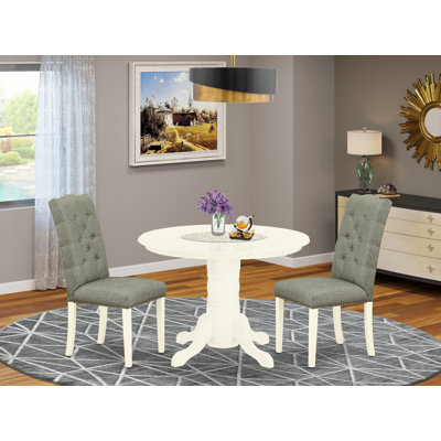 3 Piece Modern Dining Table Set Contains a Round Kitchen Table with Pedestal and 2 Gray Linen Fabric Upholstered Parson Chairs, Linen White