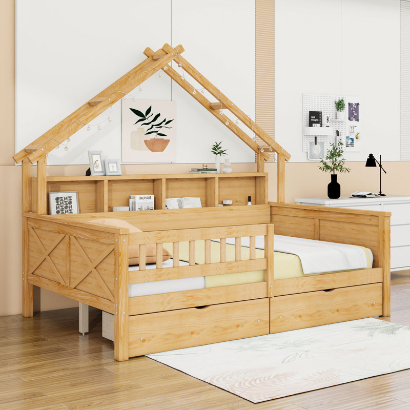 Lit plateforme double en bois avec 2 tiroirs et tablettes, Naturel