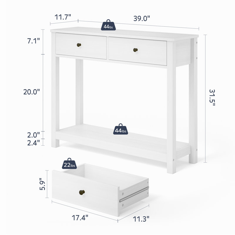 Console 39 po avec 2 tiroirs, canapé moderne pour le salon, vestibule, Blanc
