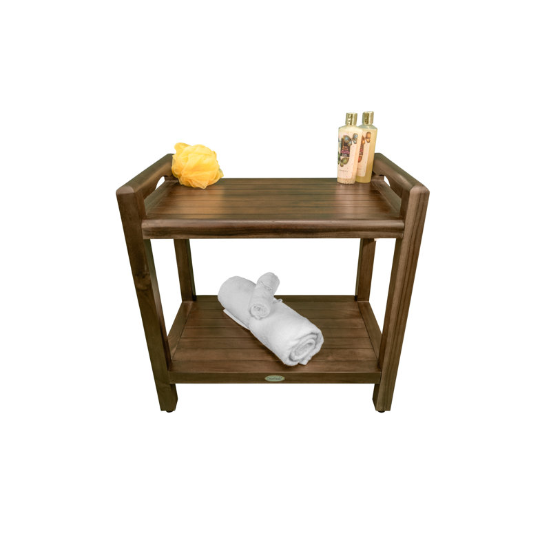 Woodland Brown Teak Shower Bench with LiftAide Arms and Shelf
