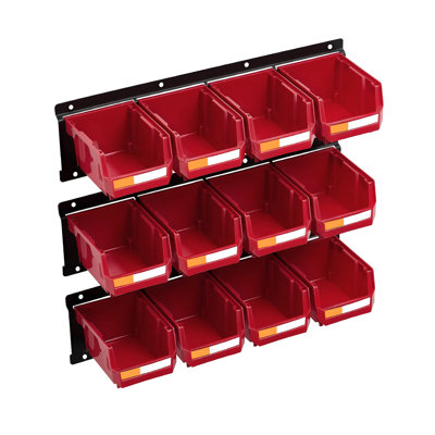 Wall Mounted Storage Bins, 12 Plastic Bins & 3 Metal Rails, Plastic Hanging Stackable Storage Bin for Screws, Nuts, Bolts, Nails, Hardware Tool Organizer for Workshop, Craft Room, Garage, Red