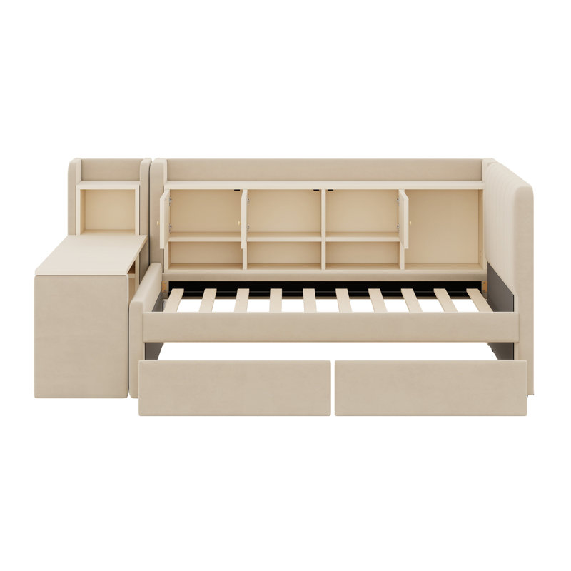Lit de jour rembourré avec tiroirs, tablettes, armoires rabattables et table d'appoint, Beige