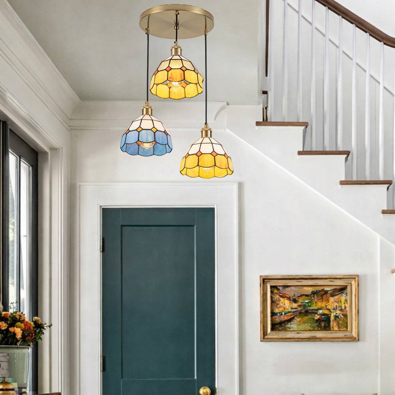  Luminaire suspendu vintage en verre 3 lumières Tiffany, Mediterranean Tiffany Style, Bleu / Rouge / Jaune