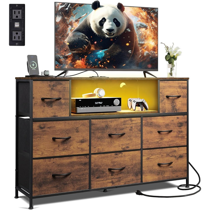 Meuble télé à DEL avec 8 tiroirs de rangement, centre de divertissement moderne et console multimédia avec éclairage d'ambiance, brun rustique