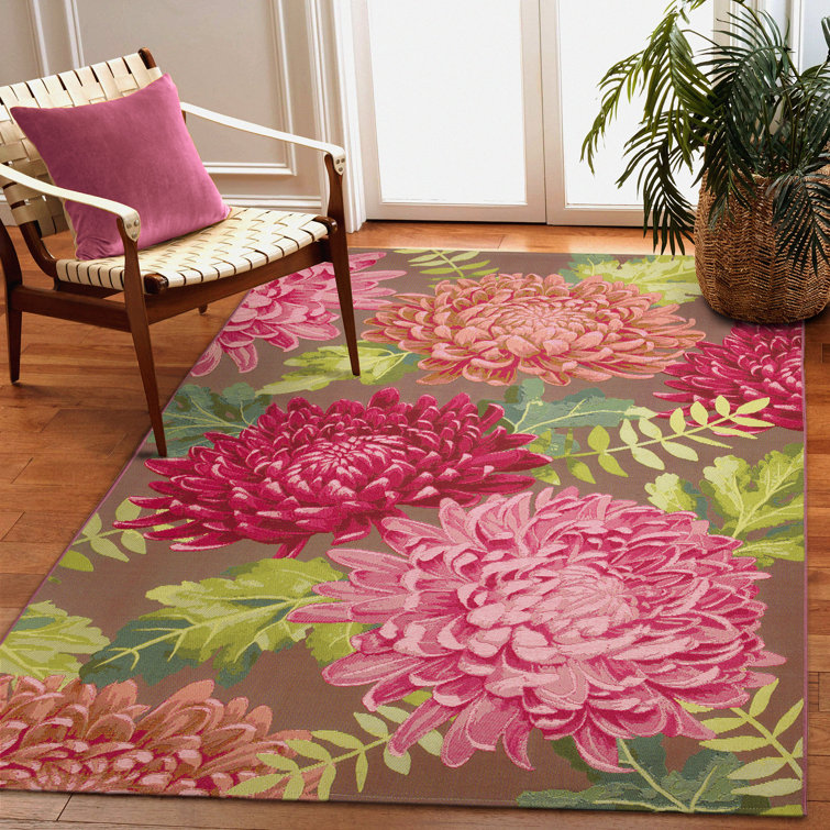 Modern Indoor Outdoor Retro Floral Area Rug 6x8 Pink Green Flowers Rug for  Patio Deck Backyard Balcony Waterproof Non Slip Carpet Machine Washable