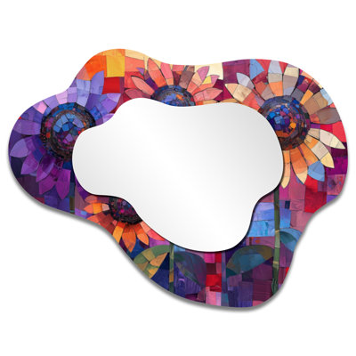 Geometric Sunflowers Filed In Purple Dusk Hues I - Sunflowers Asymmetrical Decorative Mirror, Traditional irregular Wall Mirror, Printed on Metal