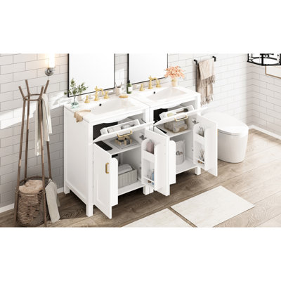 Meuble-lavabo moderne de 48 pouces avec deux lavabos en céramique, un tiroir rabattable et des poignées dorées pour un look contemporain avec deux charnières à fermeture en douceur, rangement réglable sur tablette