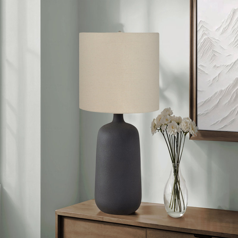 Lampe de table 24 po en céramique noire avec abat-jour en lin beige pour le salon et la chambre à coucher
