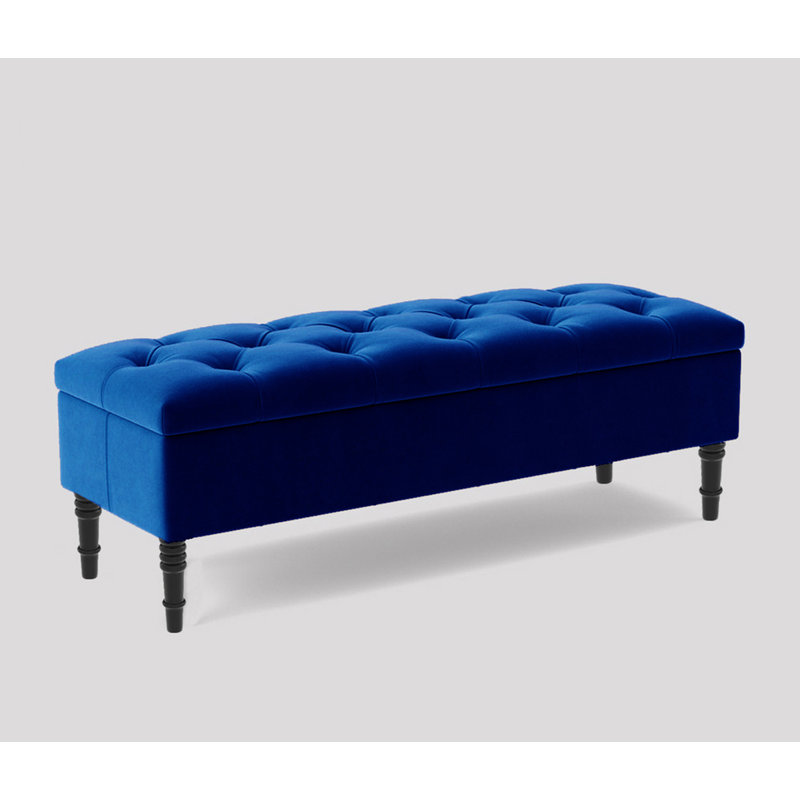Alyana Wide Tufted Rectangle Ottoman Storage Bench - Upholstery Velvet Shoe Bench with Turned Wooden Legs, Sapphire Blue