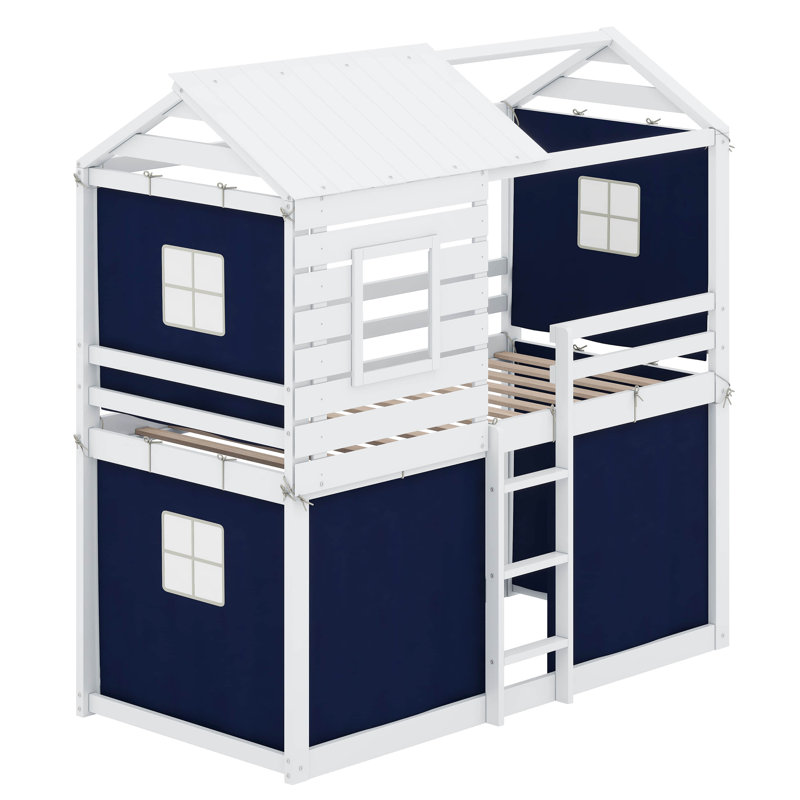 Lit superposé en bois avec tente Yaraghi, Simple sur simple, Bleu / blanc