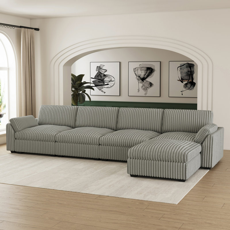 Canapé modulaire en L avec repose-pieds mobile, Velours côtelé gris moelleux