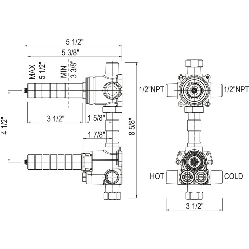 Universal 1/2" Thermostatic Rough Valve-in with Integrated Two Outlet Dedicated Diverter