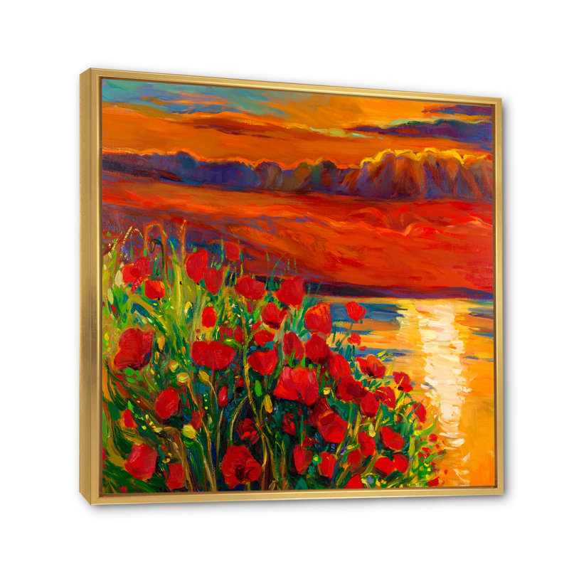 Coquelicots rouges par l'océan pendant le coucher du soleil - Peinture sur toile, H 16 po x l 16 po x P 1 po