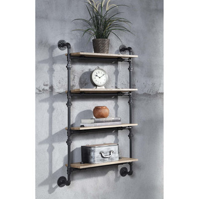 4 Tier Wall Shelf In Oak And Sandy Black, Metal Frame Design For Home Decor Storage Solution, 23"L Shelf, 47" Product Height Stylish Decor, 9"W 52" Package Depth