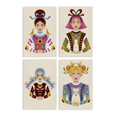Ensemble de toiles 4 pièces Floral Folk Women Portraits, design par Hannah Moren