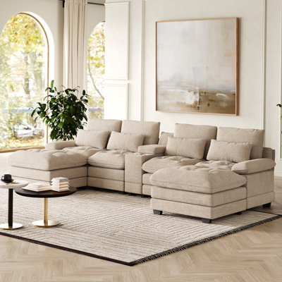 134''W  Chenille Sectional Sofa With Cup Holders USB Ports Storage Console U-Shaped Couch