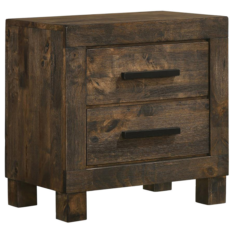 Table de chevet rustique 2 avec finition matte pour décor de chambre à coucher brun foncé 2 tiroirs et bois massif