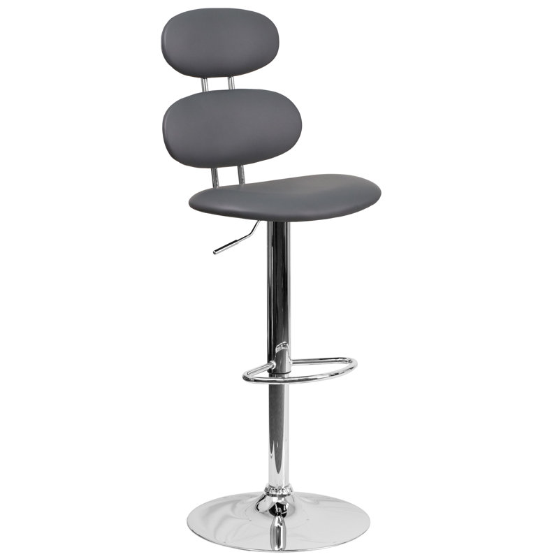 Norberg Contemporary Vinyl Adjustable Height Barstool with Ellipse Back and Chrome Base, Gray